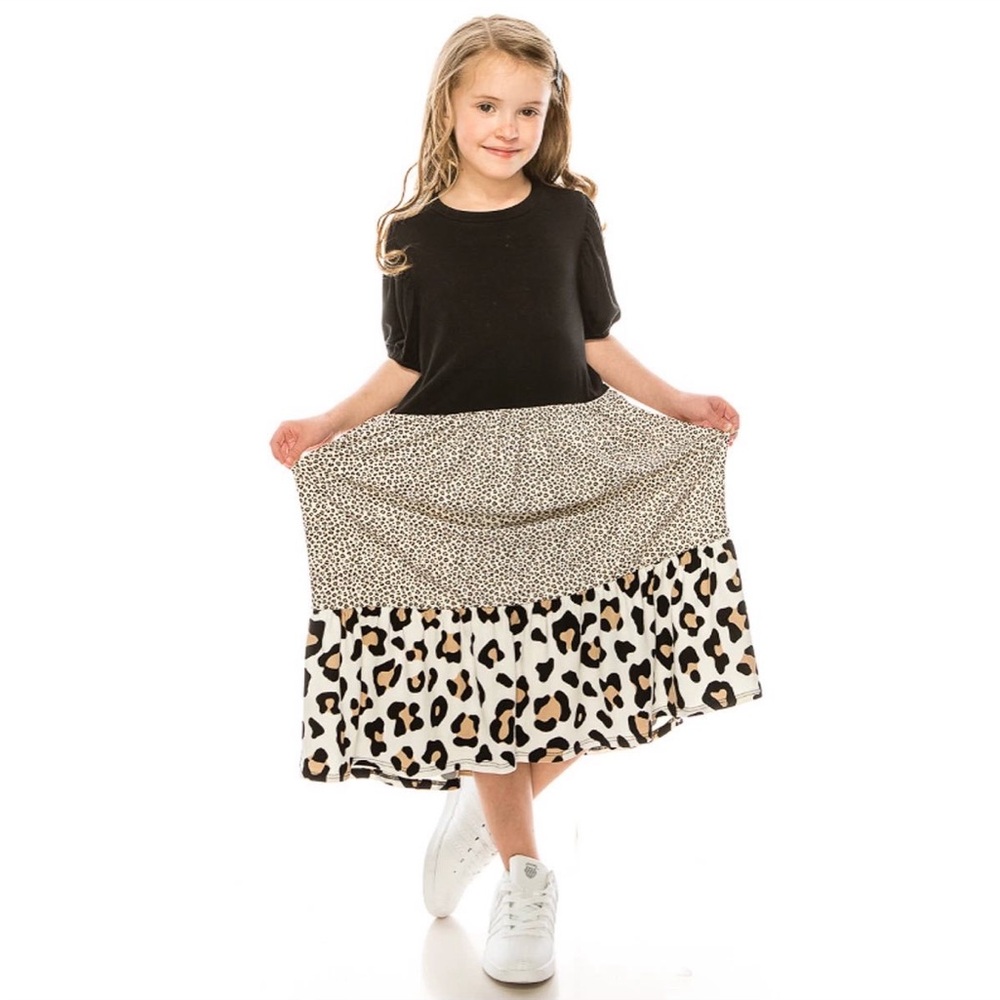 Stylish Black and Leopard Print Kids Casual Dress